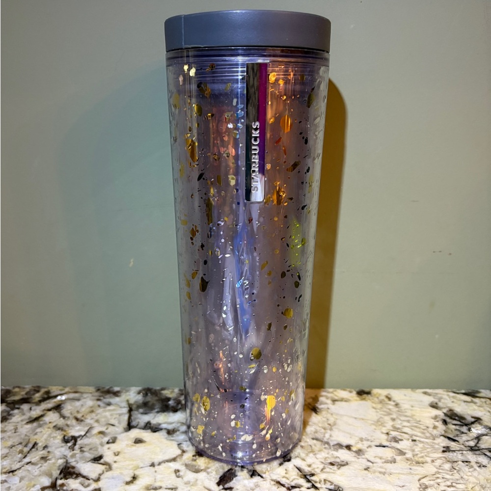 Starbucks Quicksilver Gold Splash Flakes Acrylic Travel Tumbler Cup 16 oz
